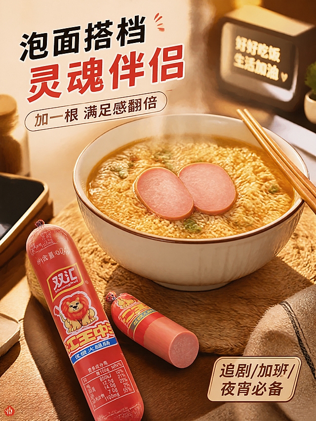 [第4张] 详情页场景种草-双汇王中王火腿肠泡面搭档经典吃法场景。本张使用【图1】作为产品外观参考，生成泡面搭配火腿肠的真实食用场景。
[氛围/风格] 家常烟火气+温馨治愈感，生活化美食摄影，温暖接地气。
[元素布局] 画面中央一碗冒着热气的方便面，汤面上卧着两片火腿肠切片，旁边放一根完整的双汇王中王火腿肠（包装与【图1】一致）和半根剥开的火腿肠；筷子搭在碗边；背景为居家餐桌环境，虚化的厨房暖光背景；桌面有手机、小调料瓶等生活道具增加真实感。
[光影质感] 暖黄色主光从侧上方打来，蒸汽升腾有丁达尔效应，面汤油光发亮，火腿肠色泽红润，整体温暖有食欲。
[配色色系] 全局底色暖黄调 #FFF1D6；主色 #D62828 品牌红；辅助色面汤金黄、葱花翠绿。
[视角构图] 45°斜俯视，泡面碗为视觉中心，阅读动线中央食物 → 四周文案点缀。
[文字版式] 左上主标题「泡面搭档 灵魂伴侣」，粗黑体；副标题「加一根 满足感翻倍」；右下角落小标签「追剧/加班/夜宵必备」。字色品牌红+暖棕，圆角黑体统一，文字不遮挡食物主体。
[比例分辨率] 3:4 竖版比例，4K 分辨率，文字清晰可辨，高清画质。
[负向提示词] 产品包装变形，文字错乱，颜色偏差，水印，文字过小，场景脏乱，面汤不真实。