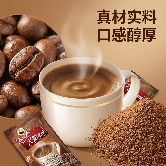 基于图中火船爪哇拿铁咖啡产品，生成细节成分电商主图，产品外观与原图100%一致，画面采用特写视角，聚焦冲好的拿铁表面丝滑的奶泡纹理，旁边放大展示咖啡豆的油亮光泽，以及速溶粉的细腻颗粒；周围散落火船咖啡预览效果