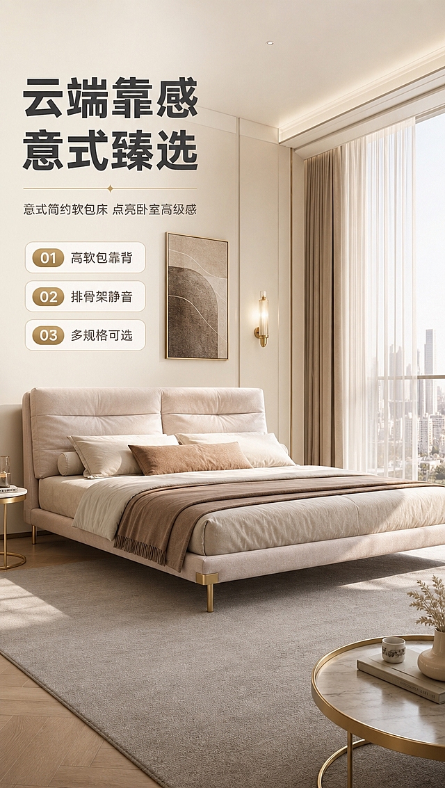 [商品] 使用【图1】意式简约布艺软包床；保留床头高软包双靠枕设计、低床屏造型、金色金属细脚、布艺软包材质、奶茶棕+浅灰配色、整体轮廓比例；商品处理：理顺面料褶皱，增强布艺纹理质感与金属脚光泽，不改变结构和颜色。
[画面] 目标：整屋场景头图，建立意式轻奢卧室氛围与产品全貌认知。左文右景构图，左侧约1/3竖列文案区，右侧为意式轻奢大卧室场景，床居中偏右摆放，产品占画面约60%。前景：浅灰色地毯+圆形金属边几；中景：床品四件套（米白+奶茶色）+床头装饰画+壁灯；后景：落地窗+白纱帘+隐约城市光影。暖调午后自然光从右侧洒入，营造慵懒高级居家氛围。
[视觉] 套系策略：风格=意式轻奢高级商业摄影；标题字=现代无衬线粗体（思源黑体Heavy）；正文字=简洁无衬线体（思源黑体Regular）；主色=奶茶棕+米白；背景延展=基于米白做深浅层级、同色渐变和细腻哑光墙面质感；强调色=香槟金，仅用于小面积图标、引线、标签和金属脚呼应；标题色=深炭灰；正文色=中暖灰；组件=圆角浅底信息卡、细线引线、金色序号胶囊；光影=右前侧暖柔光，柔和阴影。
[文字] 左侧竖列：主标题「云端靠感 意式臻选」（8字），副标题「意式简约软包床 点亮卧室高级感」（14字），下方3条亮点胶囊：「高软包靠背」「排骨架静音」「多规格可选」。文字不遮挡床主体与床头软包。
[规格] 图片比例9:16竖版，4K分辨率，淘宝/天猫适配，中文文案，避免变形、错字、文字过小、冷蓝背景、床结构失真、绝对化用语。