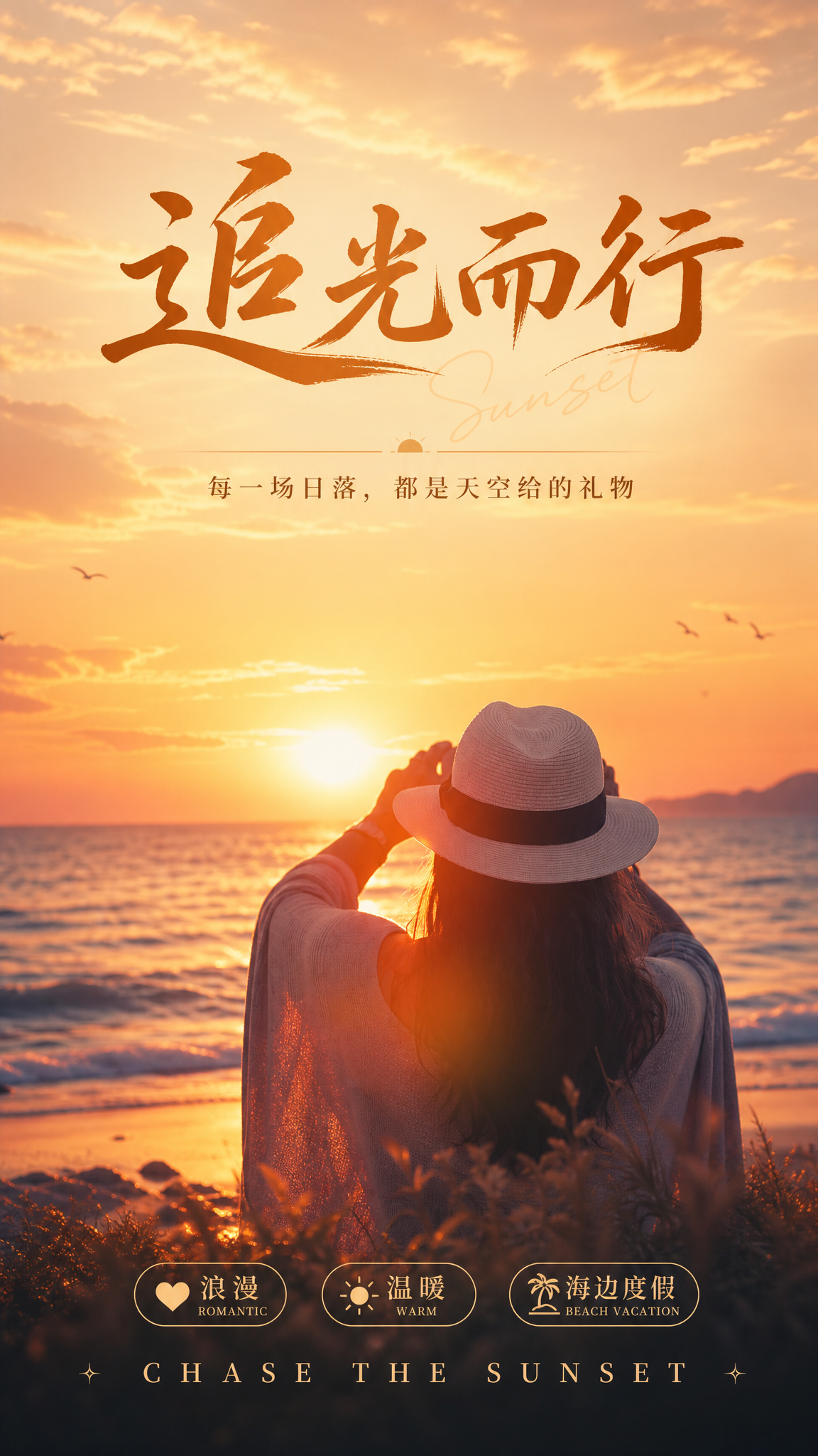 基于这张日落海边戴帽子女孩的背影照片，设计一张浪漫氛围感的旅行… - 图片创意预览