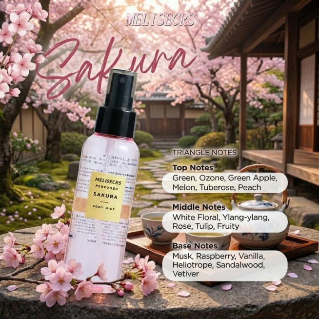 打造日式庭院赏樱场景，Sakura香水放置在木质石桌上，搭配樱花枝、日式茶具，营造浪漫雅致氛围，保留原产品和品牌信息预览效果