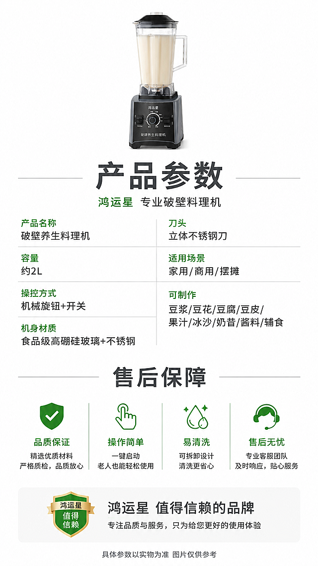 [第13张] 规格参数+售后保障页。本张使用【图1】作为商品主体（小图展示）。
[氛围/风格] 专业可信参数页，清晰严谨，商业摄影质感。
[元素布局] 画面上方破壁机正面小图（占比约20%）；中部为详细参数表格区，左右两列布局；下部为售后保障区，四个图标横向排列；底部为品牌信任区；背景纯白干净；产品外观与输入图一致。
[光影质感] 产品图均匀柔光，参数区无多余光影，整体干净清晰。
[配色色系] 全局底色 #FFFFFF 纯白；主色深灰文字+豆绿标题；辅助色浅灰分隔线、绿色保障图标。
[视角构图] 上下构图，上产品→中参数→下保障，阅读动线从上至下。
[文字版式] 顶部主标题「产品参数」，副标题「鸿运星 专业破壁料理机」。参数表包含：产品名称「破壁养生料理机」，容量「约2L」，操控方式「机械旋钮+开关」，机身材质「食品级高硼硅玻璃+不锈钢」，刀头「立体不锈钢刀」，适用场景「家用/商用/摆摊」，可制作「豆浆/豆花/豆腐/豆皮/果汁/冰沙/奶昔/酱料/辅食」；售后保障区四图标：「品质保证」「操作简单」「易清洗」「售后无忧」，各配一行说明；底部小字「具体参数以实物为准 图片仅供参考」。文字清晰，手机端可读。
[比例分辨率] 9:16 竖版比例，4K分辨率，文字清晰可辨，高清画质。
[负向提示词] 产品变形，缺件错件，颜色偏差，水印，文字错乱，文字过小，产品图模糊，背景杂乱。