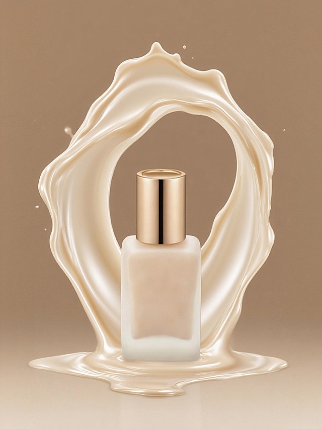 周围环绕着飞溅、流淌的浅色液体，液体光滑、富有光泽，整体风格简约高级，光线柔和，米色渐变背景