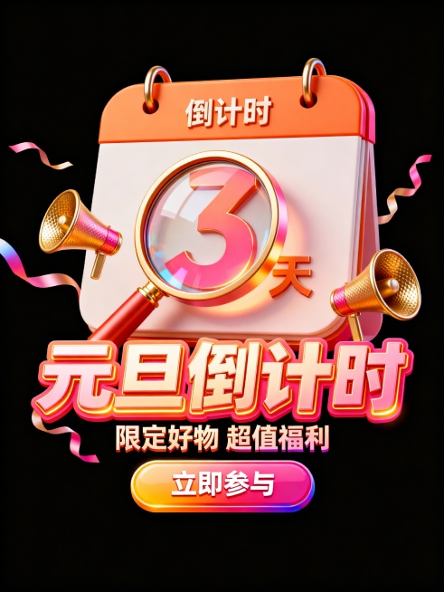 主色调为橙金与粉红渐变，画面中心是日历，圆角造型，巨大的放大镜对着“倒计时 3天”，周围漂浮一个喇叭和几个柔彩带。前景为立体标题字“元旦倒计时”，副标题“限定好物 超值福利”；底部立体按钮文字“立即参预览效果