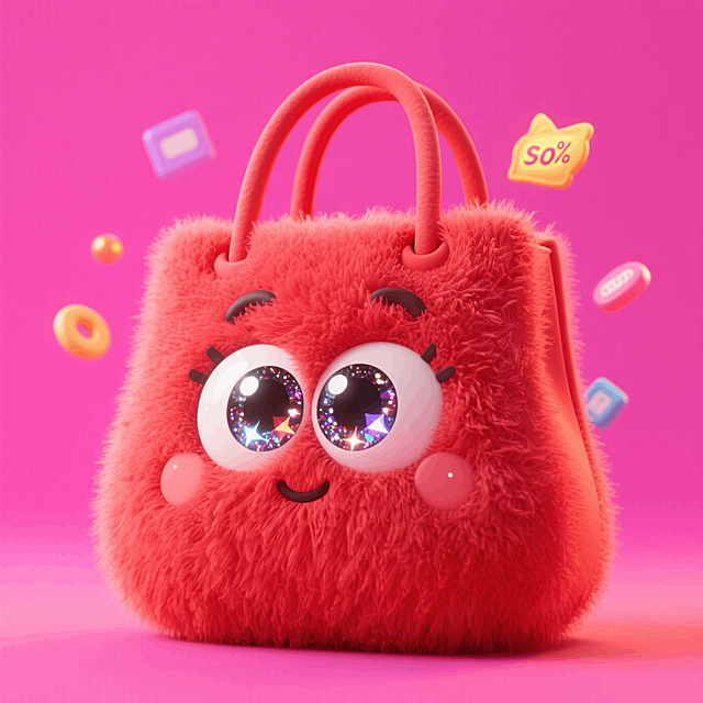 红色的购物袋，购物袋顶端有一双美式卡通风格的blingbling的大眼睛，促销元素漂浮在周围，元素和背景撞色