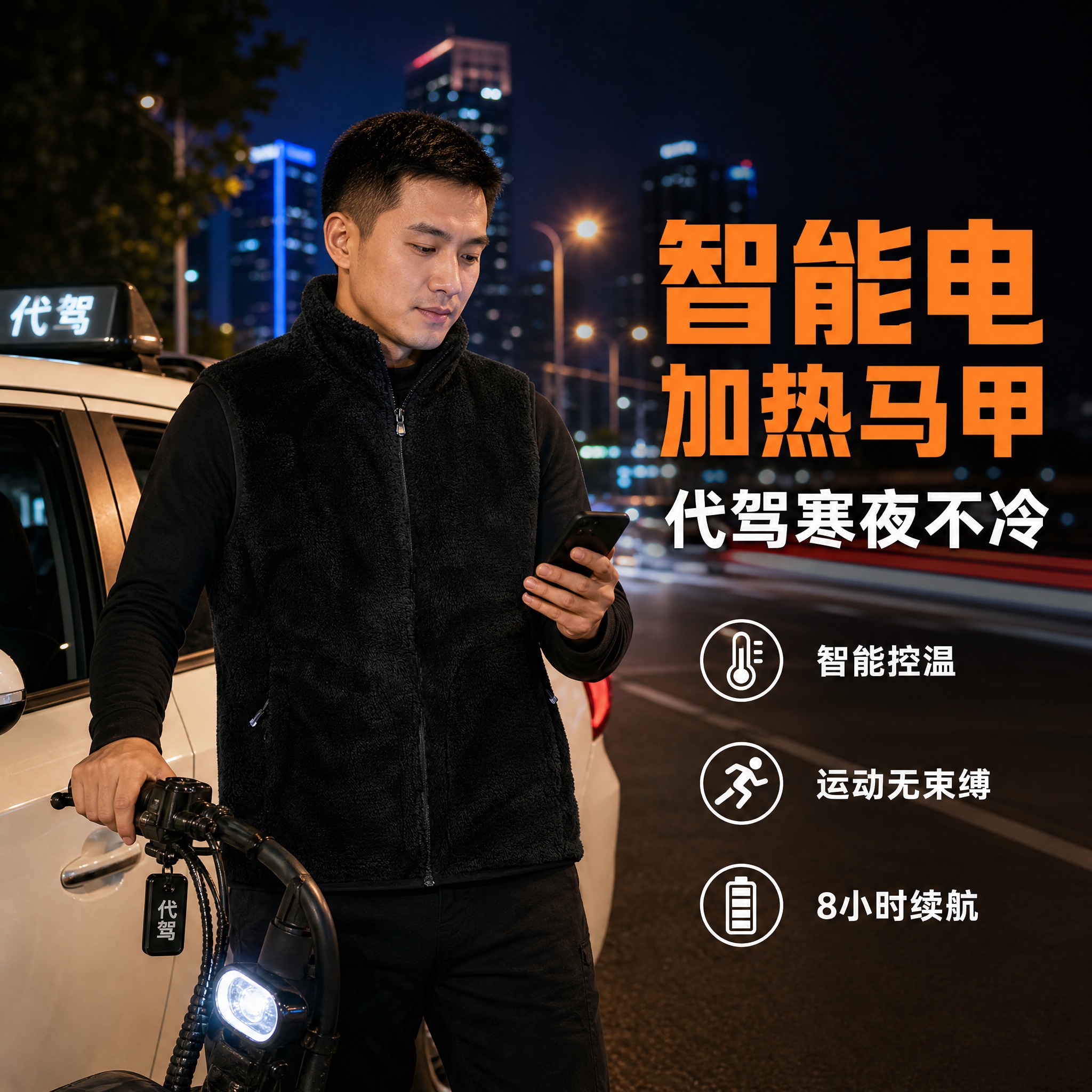 [主图-1] 核心卖点首图，主题：智能电加热马甲 代驾司机寒夜… - 图片创意预览