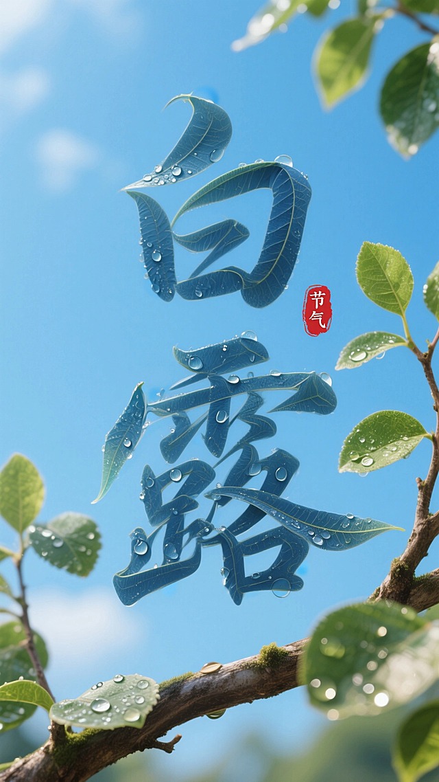 蓝色叶片拉长扭曲变形成”白露” 二字，叶片上有晶莹的露珠点缀。背景是一片晴朗的蓝天，画面中穿插着带有绿叶和水珠的树枝，营造出清新自然的氛围。“白露” 文字位于图像的中上部，红色小印章”节气“点缀，整体画面色彩明亮，富有创意，突出白露节气的主题