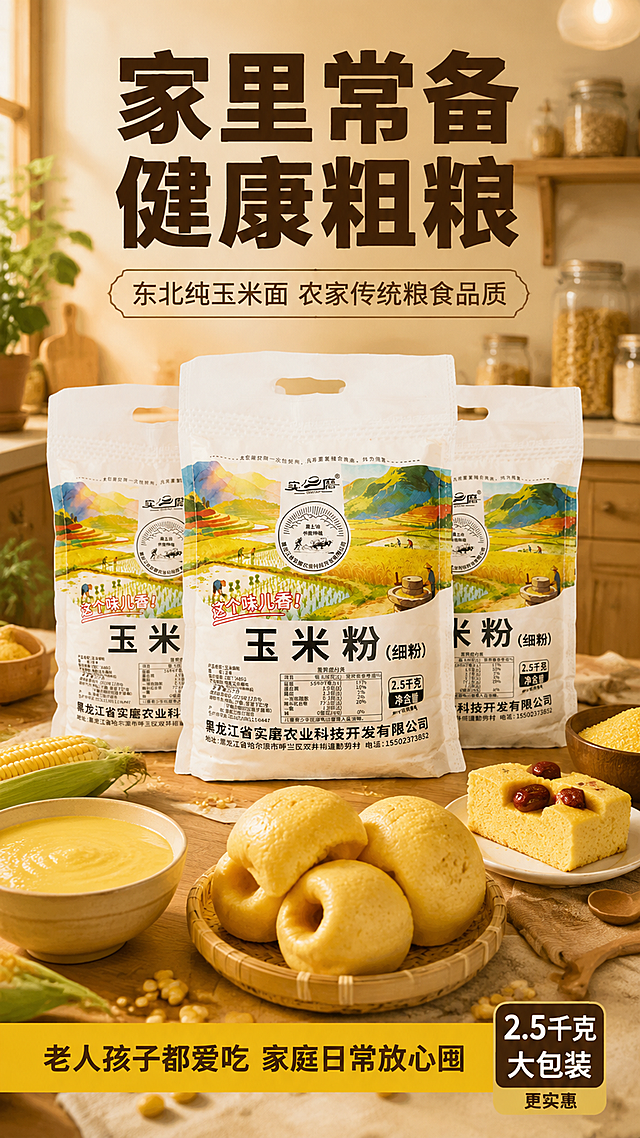 [第9张] 详情页收尾囤货专张-家庭常备健康粗粮。本张使用【图1】作为商品主体，多袋陈列展示。
[氛围/风格] 温馨家庭厨房场景，囤货感，温暖安心，商业摄影质感。
[元素布局] 厨房收纳柜或餐桌场景，3袋玉米粉整齐陈列在中央，占画面约50%，中间一袋正面朝前，两侧斜放；周围摆放着玉米面制作的美食：窝头、发糕、一碗糊糊；背景是温馨的家庭厨房，有木质橱柜、杂粮罐、绿色植物点缀；前景有散落的玉米粒和玉米叶。
[光影质感] 暖黄色室内灯光，整体温馨明亮，产品陈列有层次感，美食有食欲感，阴影柔和自然。
[配色色系] 全局底色暖木色厨房 #E8D5B7；主色金黄 #F5A623；辅助色深褐色 #4A3728、绿色点缀 #5B8C5A。
[视角构图] 45°微俯视，三袋产品阵列为视觉中心，美食环绕衬托，阅读动线顶部标题 → 中间产品陈列 → 底部收尾语。
[文字版式] 顶部主标题「家里常备 健康粗粮」粗黑体深褐色；副标题「东北纯玉米面 农家传统粮食品质」；底部黄色横幅收尾语「老人孩子都爱吃 家庭日常放心囤」；右下角小标签「2.5千克大包装 更实惠」；文字温暖有号召力。
[比例分辨率] 9:16竖版比例，4K分辨率，文字清晰可辨。
[负向提示词] 包装袋变形，包装文字错乱，颜色偏差，水印，文字过小，场景杂乱不真实。