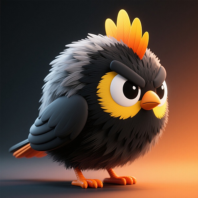 3D卡通小鸟，拟人化设计，毛发生长风，可爱感十足，色彩鲜明。