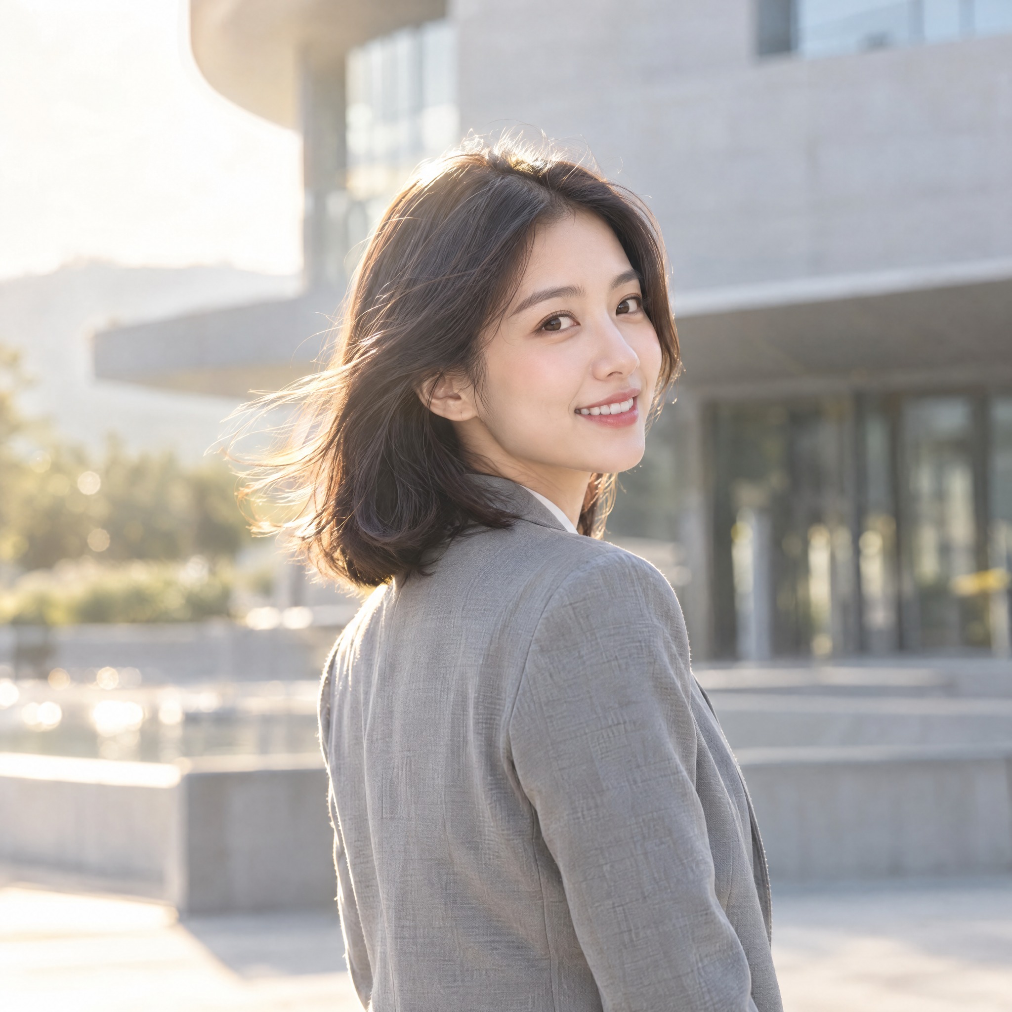一位25-30岁的亚洲女性，穿着干净简约的灰色西装外套，表情自… - 图片创意预览