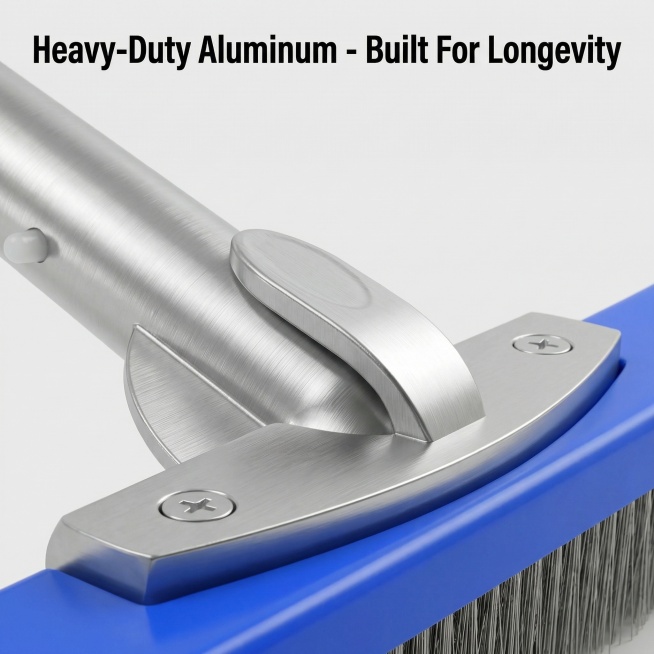 Close-up detail of the heavy-duty die-cast aluminum handle and back plate of pool cleaning brush. Sh预览效果