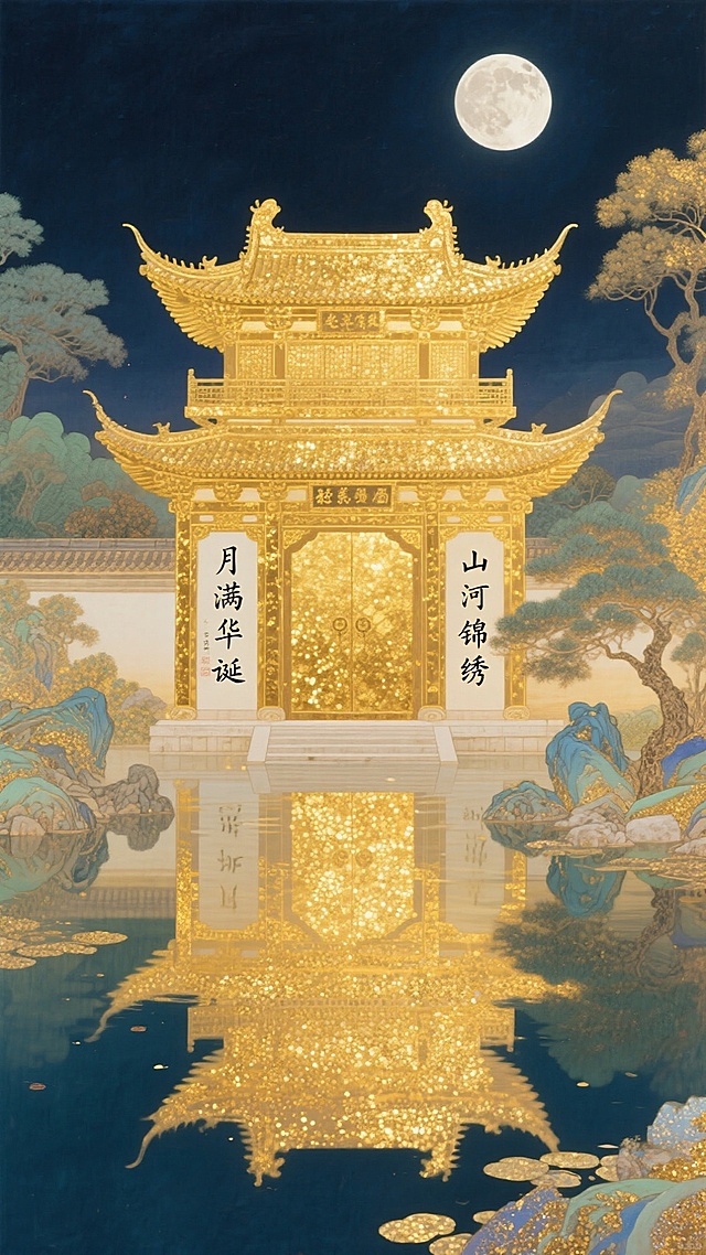 鎏金工笔风中式宫殿，月光映照水面，光影交织，浮雕细节尽显奢华与梦幻，静谧中透出优雅唯美感。