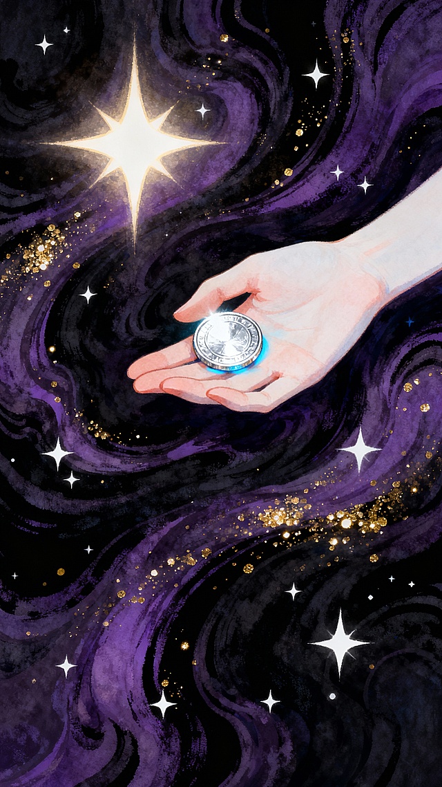 手绘风格插画，一只纤细白皙的手以掌心向上、手指自然舒展的姿态握着一枚金币，金币颜色变换为闪耀的银白色并带有淡蓝色光晕，手部位置调整至画面右侧三分之一处，背景是深紫色与黑色交织的流动漩涡状纹理，点缀着金色闪光颗粒和几颗明亮的白色星星，左上方有一颗较大的星形光源发出柔和光芒，整体营造出神秘梦幻且略带优雅的氛围，画面色彩和谐统一，光影层次丰富，笔触细腻柔和。