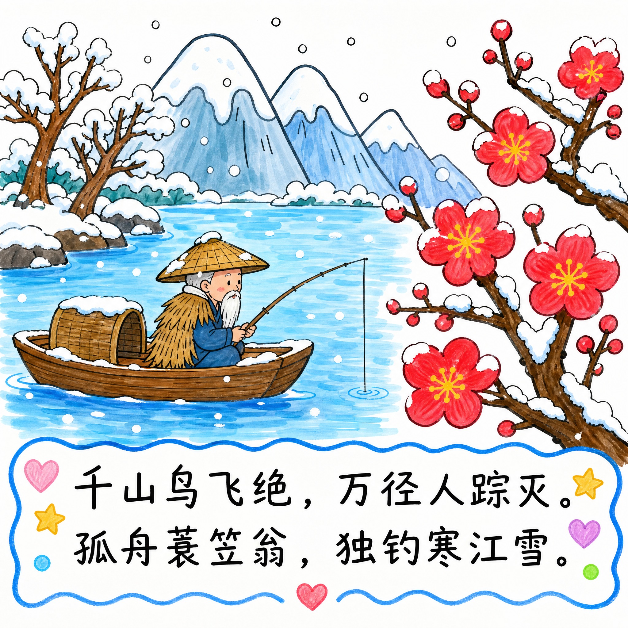 二年级小朋友手绘风格，马克笔绘制，白底背景。画面左侧是古诗《江… - 图片创意预览