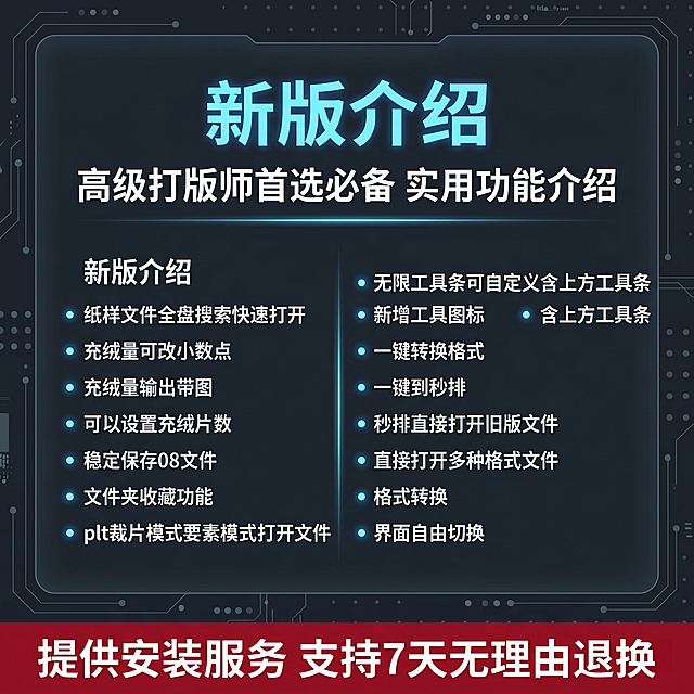 基于原图提取所有文本内容，保留原文案表达含义不变，重新设计生成图片：更换页面和背景颜色，改为深灰配深蓝科技风背景，文本展示为主，简洁细科技线条和几何小点装饰为辅，整体风格和原图明显区别，保持文字清晰可读，构图层次分明，主标题居中醒目，功能双栏排列，底部深色红色底栏。
完整文字内容：
主标题：新版介绍
副标题：高级打版师首选必备 实用功能介绍
左栏新版介绍功能点：纸样文件全盘搜索快速打开，充绒量可改小数点，充绒量输出带图，可以设置充绒片数，稳定保存08文件，文件夹收藏功能，plt裁片模式要素模式打开文件
右栏功能点：无限工具条可自定义含上方工具条，新增工具图标，一键转换格式，一键到秒排，秒排直接打开旧版文件，直接打开多种格式文件，格式转换，界面自由切换
底部文字：提供安装服务 支持7天无理由退换
整体保持文字表达不变，更换全新配色和背景，设计风格简约现代科技感，文字突出展示。