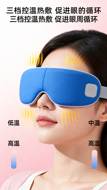 生成一张3档热敷功能详情图，蓝色眼罩搭配热敷热力扩散示意图，标题"三档控温热敷 促进眼周循环"，标注低温/中温/高温三档选项，背景柔和温馨，清晰展示热敷功效预览效果