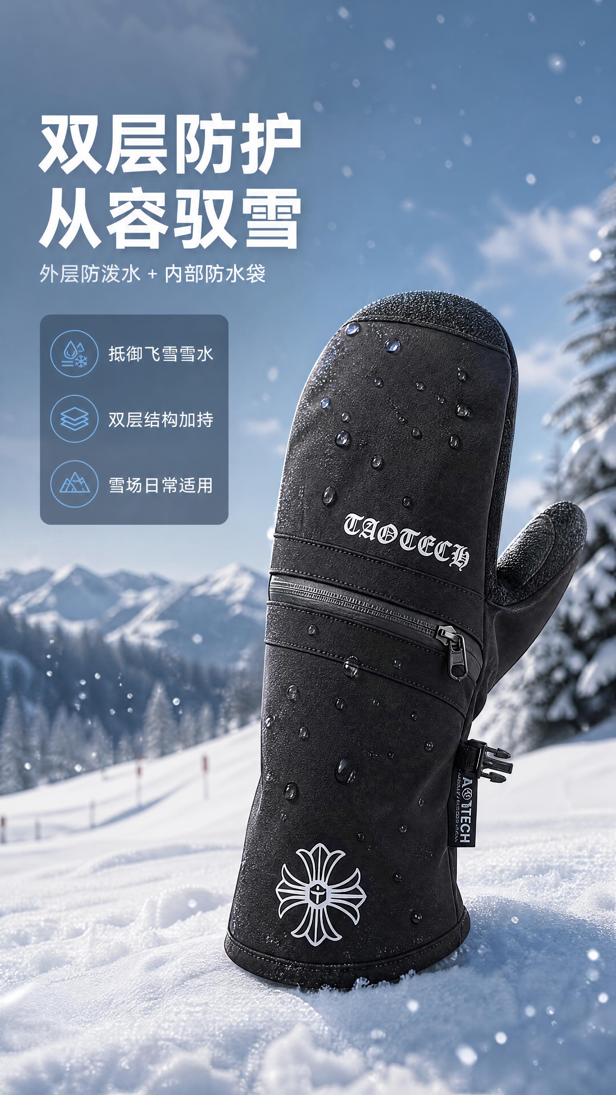 [商品] 使用【图1】TAOTECH 黑色连指滑雪闷子手套；保… - 图片创意预览
