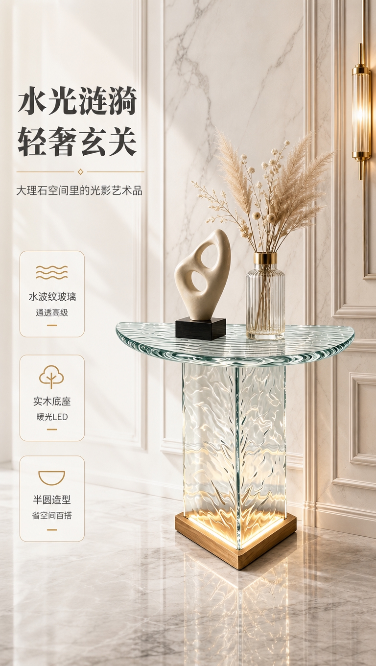 [商品] 使用【图1】水波纹玻璃半圆玄关桌，实木底座带向上发光… - 图片创意预览