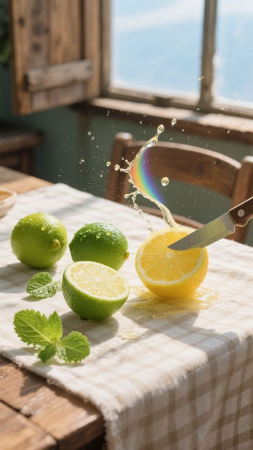 俯视角构图，清晨7点的阳光以45度角斜射进乡村厨房，原木餐桌上铺着带有细小格纹的亚麻桌布，三颗青柠与两颗柠檬组成自然的三角形构图，右侧一颗柠檬被锋利的水果刀精准对半切开，金黄的汁液正以完美的弧线飞溅，其中一滴水珠在阳光下折射出彩虹光谱，左侧青柠被切开四分之三，露出内部晶莹的果肉和白色脉络，旁边散落着几片带有锯齿边缘的新鲜薄荷叶，两枚完整的柑橘表面凝结着晨露，背景是打开的木质窗框和窗外淡蓝色的天……预览效果