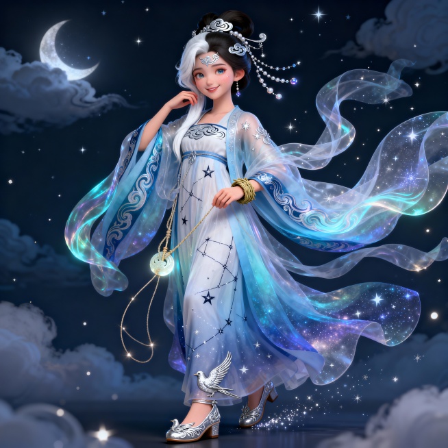 18-20岁少女姿态,杏仁眼含星芒，眉间有淡银色云纹花钿，微笑时左颊有浅梨涡,流云髻，发间缀有星辰珠串，一缕“思念白发”藏在左鬓,月光般皎洁，在暗处会泛出极柔和的微光
身穿着内层为素雪纱齐胸襦裙，绣有预览效果