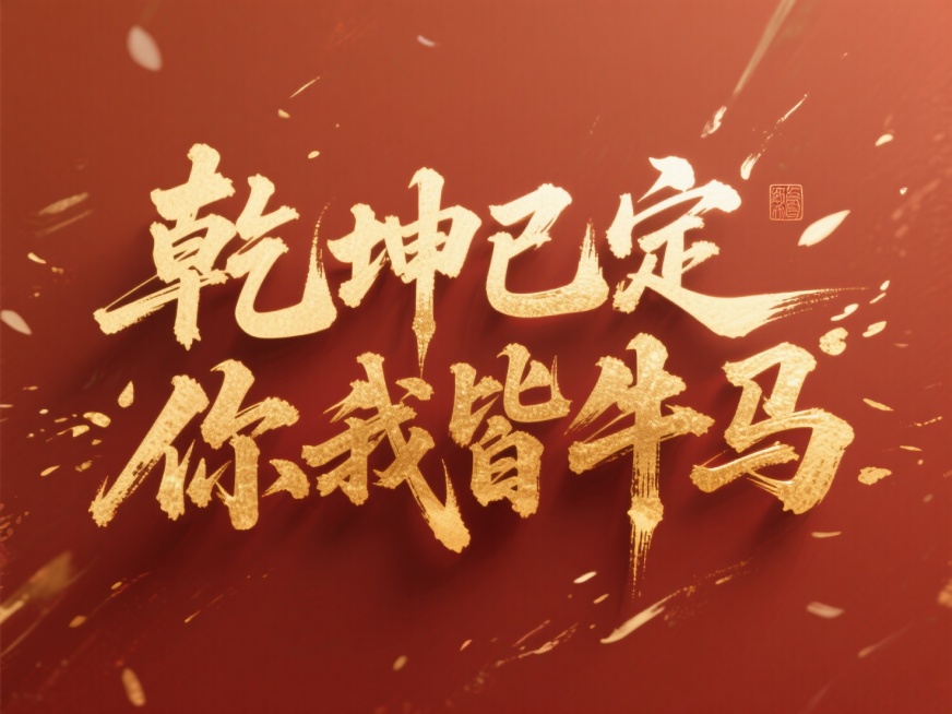 文案“乾坤已定，你我皆牛马”金色字体，加20透明度投影，金属烫金质感加强，红棕色背景，冲击感，红金，中式预览效果