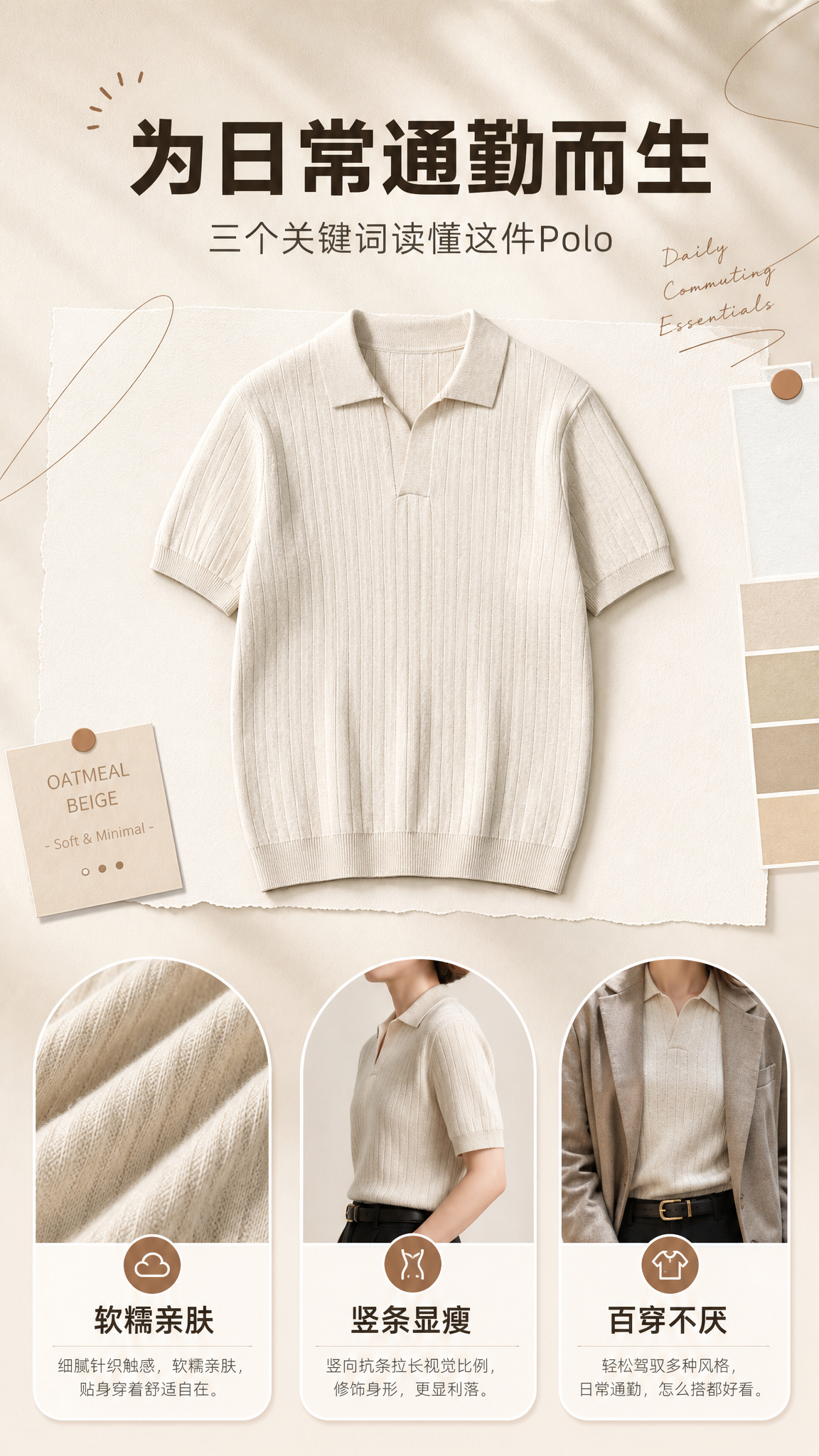 [商品] 使用【图1】燕麦米杏色竖坑条针织短袖Polo衫；商品… - 图片创意预览