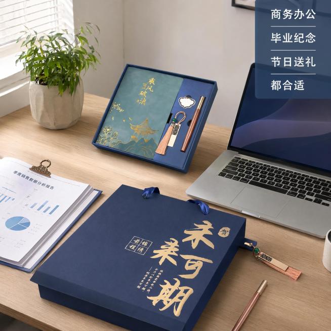 [主图-4] 乘风破浪-尊享四件套多场景适用展示
[氛围风格] 生活化办公场景，自然亲切
[画质] 写实商业摄影，光线自然，场景真实生动
[元素] 礼盒放置在整洁的办公桌面上，笔记本打开平放在桌面，黄预览效果
