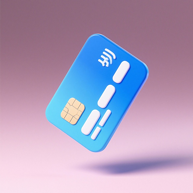 一个3D立体图标，图标具有光滑圆润的边缘、渐变色彩和微妙的高光阴影效果，保持低多边形简约风格。图标是蓝色渐变的信用卡，带有芯片和磁条细节，。图标位于纯色背景上，整体画面简洁明快，色彩协调统一。