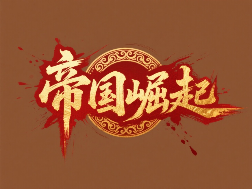 文案“帝国崛起”，金色字体，红棕色背景，红金，藏式预览效果