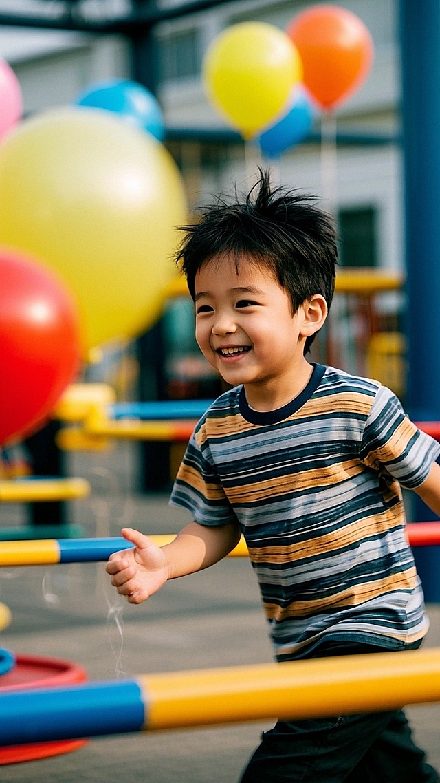 小男孩奔跑在游乐场中