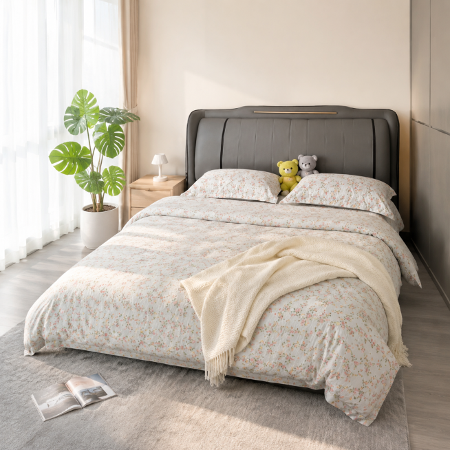 超写实温馨卧室空间摄影。
主体：床严格参照上传产品图，完整保留组件、轮廓、结构、比例、材质、颜色与产品文字信息。产品占画面70%，完整不裁切，中景构图，背景无其他同类产品。
构图：黄金分割，微侧10°预览效果