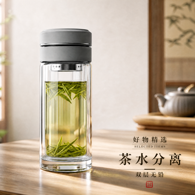 优化文字排版，将文字放在右下角，保持产品主体突出，重新排版文字'好物精选 SELECTED ITEMS 茶水分离 双层无铅'，中式简约风格预览效果
