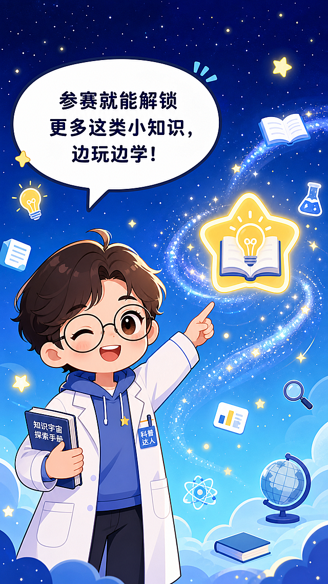 卡通简约条漫第三格科普小场景，科普达人指着星海中的小知识图标，说:"参赛就能解锁更多这类小知识，边玩边学！"，背景是知识星海，卡通简约风格，色彩明亮