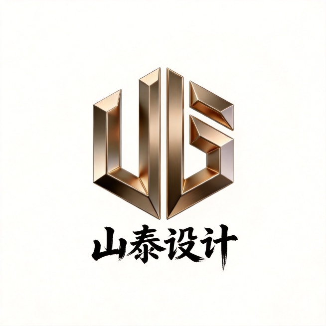 纯白色干净背景。将原LOGO去掉铁链装饰，保留主体图形，"山泰设计"四个字调整为中式书法字体风格，简约高端3D立体效果，现代结合东方美学，书法笔触清晰有力，图形文字融合自然，整体完整呈现不裁切，四周留预览效果