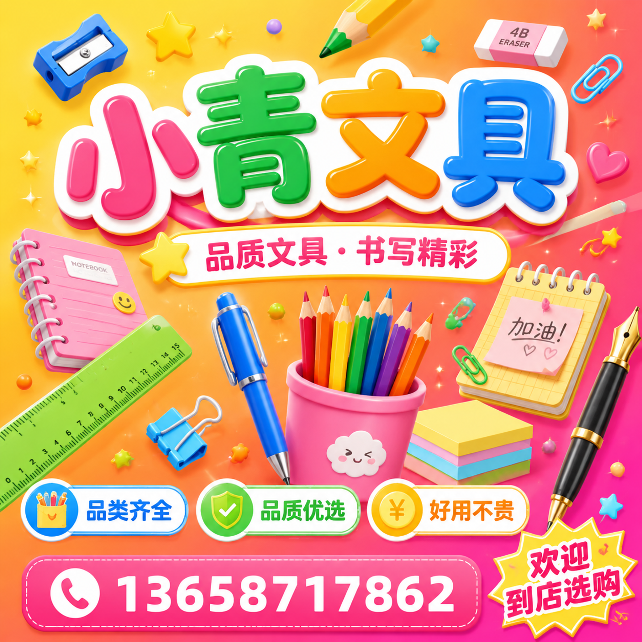 一张正方形文具广告海报，创意醒目风格，活泼明快。画面中心偏上位… - 图片创意预览