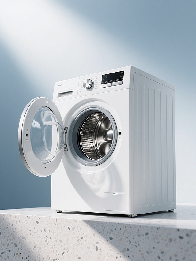 俯视角构图，一台棱角分明的哑光白前置式滚筒洗衣机，舱门以30度角优雅敞开，露出内部如镜面般光滑的银色不锈钢内筒，圆形观察窗折射着柔和的光线，控制面板上的旋钮与按键泛着细腻的金属光泽，机身侧面的竖直线条纹理在斜射光下形成深浅交替的光影韵律，洗衣机静置在带有细微纹理的水磨石台面上，投下柔和而富有层次的倒影，背景是渐变的雾蓝与珍珠白的交融，一束来自左上方的柔光恰好勾勒出洗衣机的轮廓，创造出微妙的高光与阴影过渡，突出哑光白机身的纯净质感与金属部件的精密光泽，整体氛围呈现出极简主义的高级感与科技产品的冷静美学。