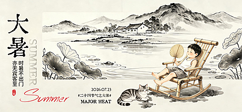 水墨风插画夏日悠然意境大暑二十四节气横板banner海报
