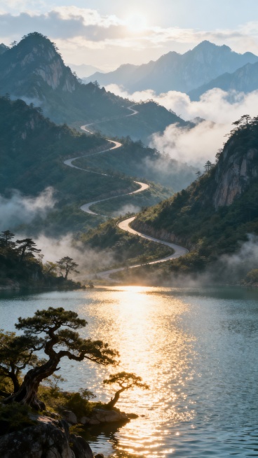 古风优美干净的描写"峰回路转"的山水画波光粼粼，实景，电影感预览效果