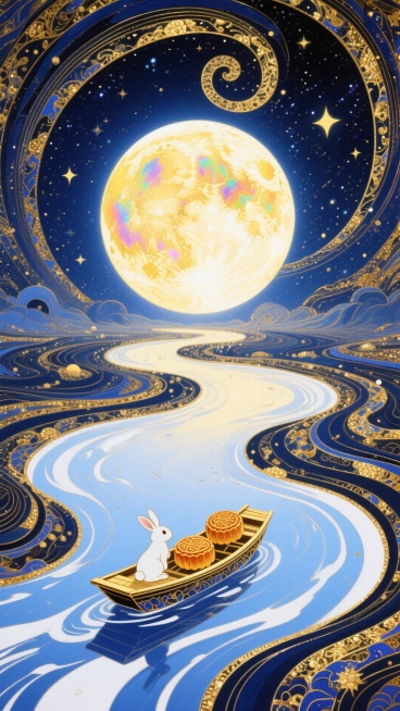 梦幻奇幻风格，全景，小船（漂浮在蓝白色河流上，船上有玉兔和两个月饼 ）居画底部，星空漩涡从小船向四周扩散成漩涡状星空（深金色交织） ，中央巨大的发光满月，超现实的星空河流世界，梦幻感，色彩以深邃蓝、暖预览效果