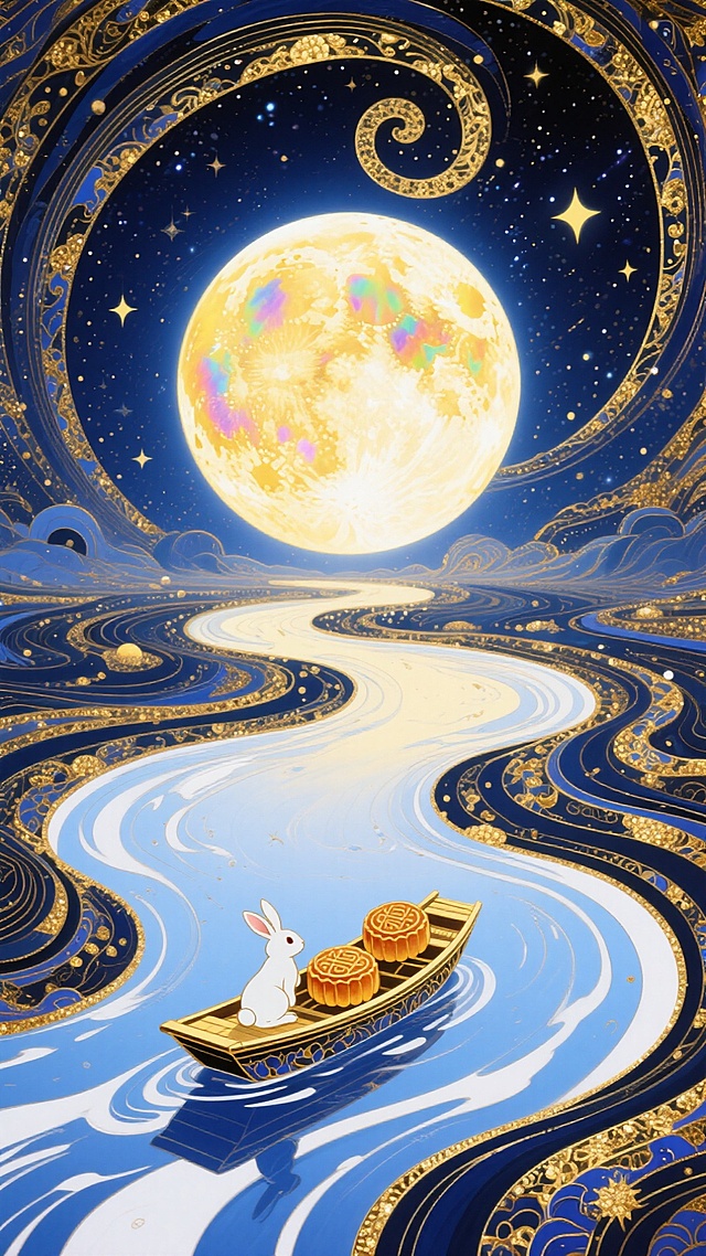 梦幻鎏金月夜，国潮插画风，玉兔泛舟于星河之上，拟人化中秋意象，浮雕质感与奢华细节交织，唯美感十足。