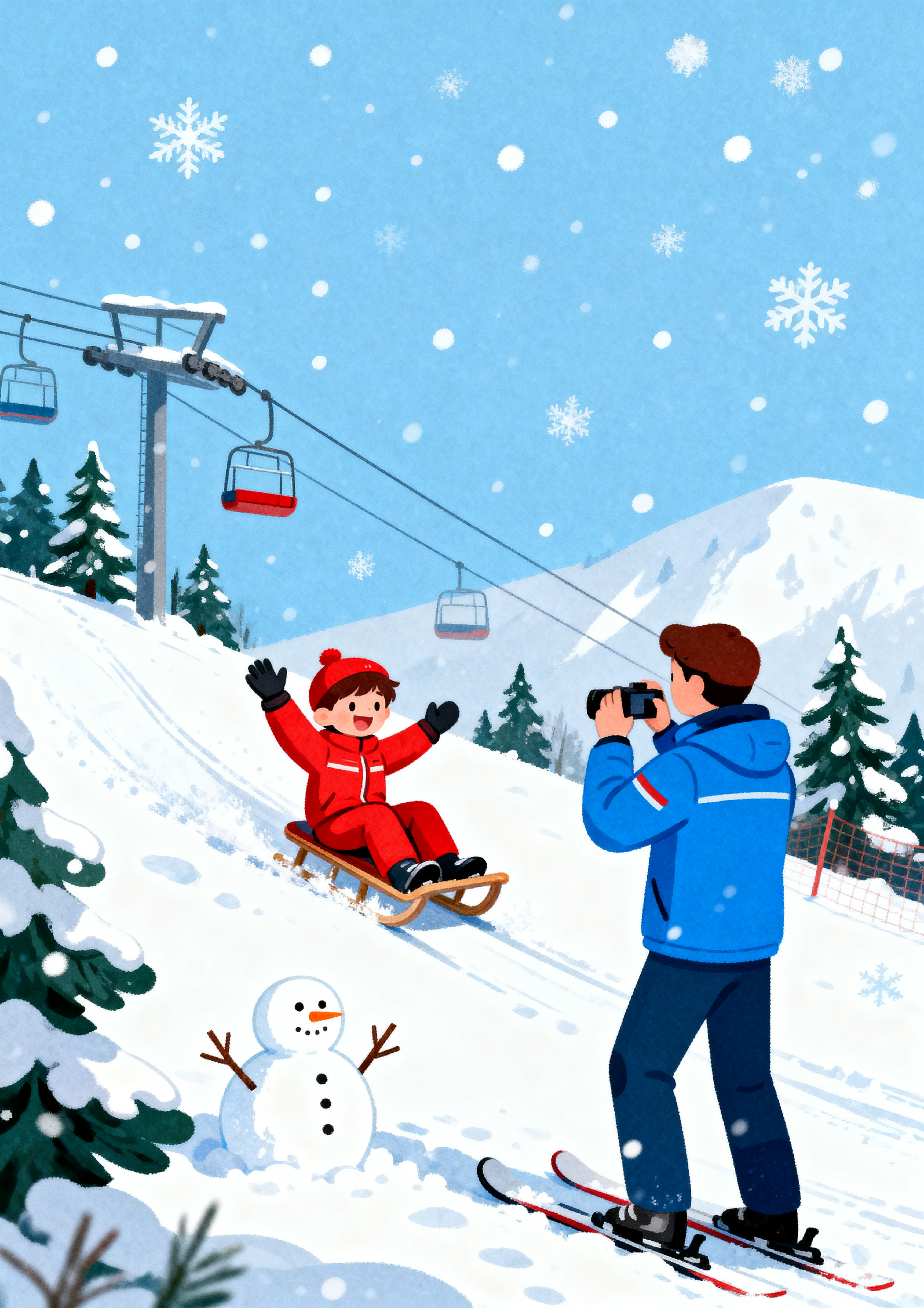 平面插画，扁平可爱风格，冰雪蓝白色调。场景是滑雪场，白雪覆盖的… - 图片创意预览