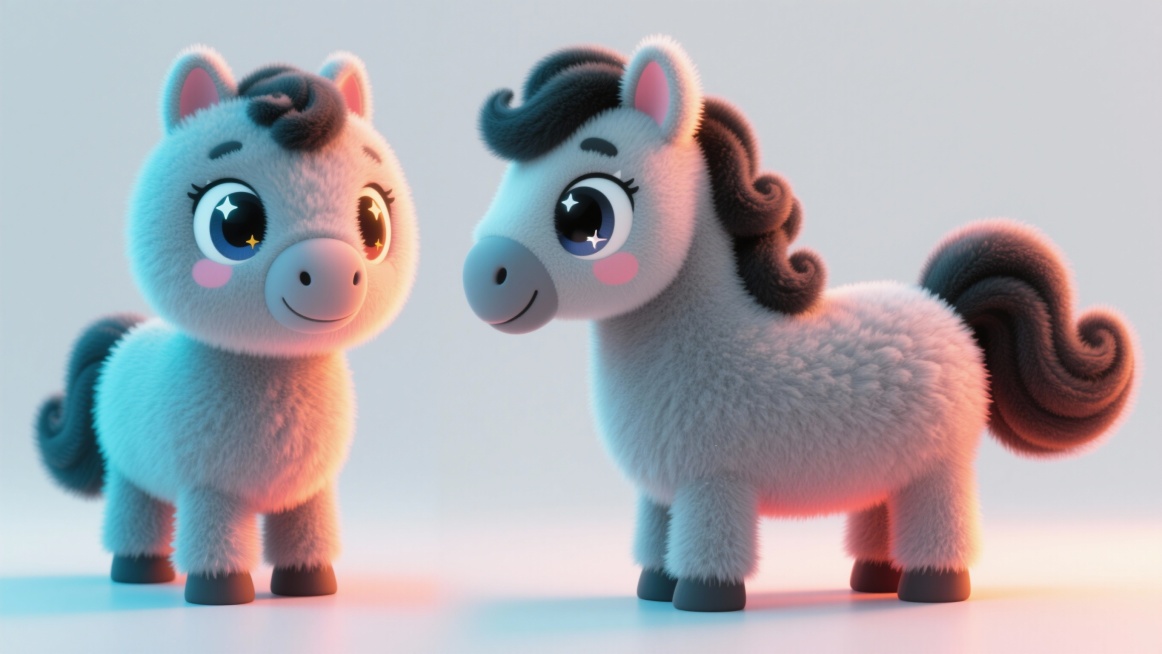 马年双腿站立ip形象，马的整体颜色是灰色的眼睛很大（眼中有星星的眼眸），，右侧有马鬃偏黑色(头上的鬃毛呈现祥云状)，帮我生成这个形象的3视图（正面、背面、侧面）三个视角保持形象一致预览效果