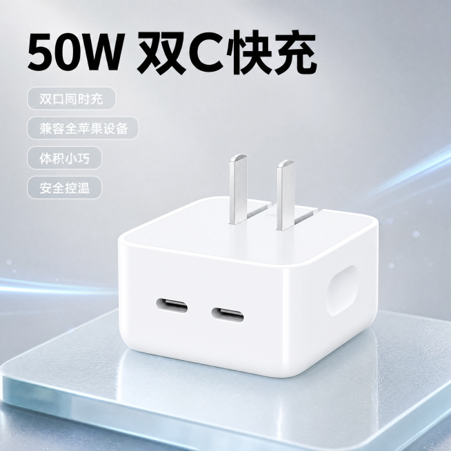 [主图-1] 50W双Type-c充电器首图。氛围风格：简约科技质感风。画质：商业摄影质感、光线柔和通透、产品清晰真实、画面干净高级。元素：白色50W双Type-c充电器居中放置在磨砂玻璃台面上，充电预览效果