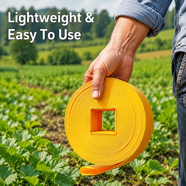 [Main image 4] Lightweight and easy to use advantage display.
[Atmosphere style] Pastoral outdoor usage scene, natural and casual style.
[Image quality] Commercial photography texture, soft and transparent light, clear and real product, clean and advanced picture.
[Elements] A farmer's hand easily holds a roll of yellow irrigation hose, easy to carry and show the lightweight feature. The hose color and material remain consistent with the original image. Background is a distant pastoral vegetable field, natural shallow depth of field, prominent hand and product.
[Light and shadow] Natural daylight, soft light, natural shadow transition, highlight the easy to carry feeling.
[Color matching] Natural green pastoral, product yellow color bright, fresh and natural.
[Perspective composition] Eye level perspective, product and hand as the focus, front centering.
[Text layout] Upper left corner negative space, large text "Lightweight & Easy To Use", all English, white text with slight black stroke, contrast with green background, clear and readable.
[Output requirements] 1:1 ratio, clear text, ultra HD commercial photography texture.
[Negative prompt] Deformation, text confusion, blurred product picture, messy background, watermark, e-commerce platform Logo, Chinese text.