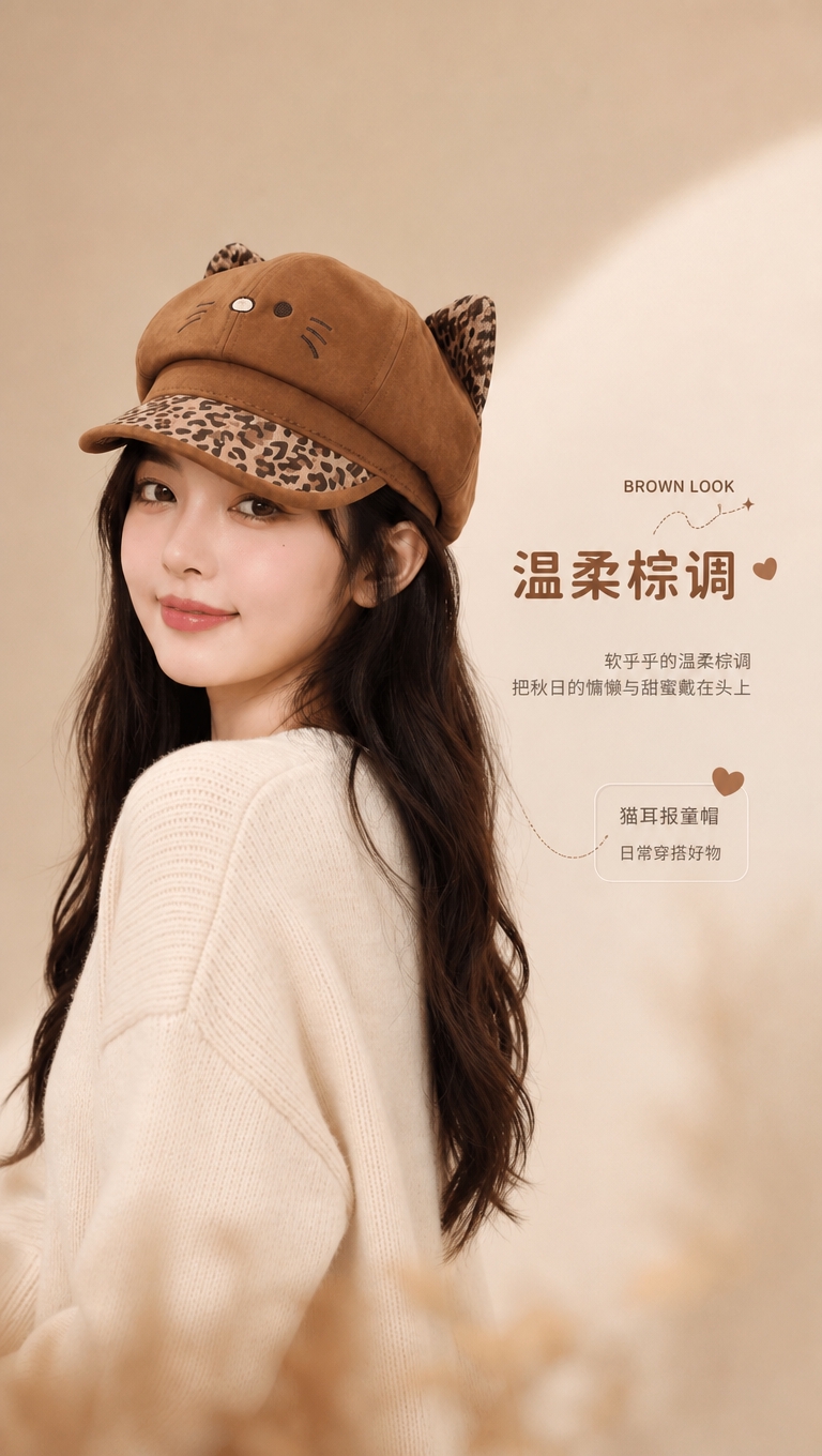 [商品] 使用【图1】棕色豹纹猫耳报童帽模特佩戴图；商品处理：… - 图片创意预览