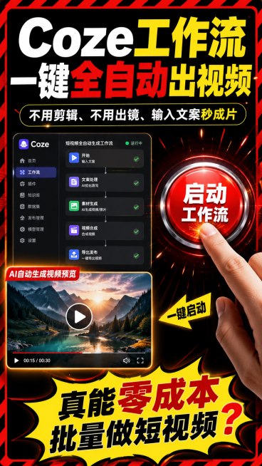 竖版短视频封面，9:16尺寸，顶部居上有醒目的加粗撞色大标题"Coze工作流一键全自动出视频"，下方副标题小字：不用剪辑、不用出镜、输入文案秒成片；左侧悬浮Coze软件界面缩略小图加AI自动生成动态视预览效果