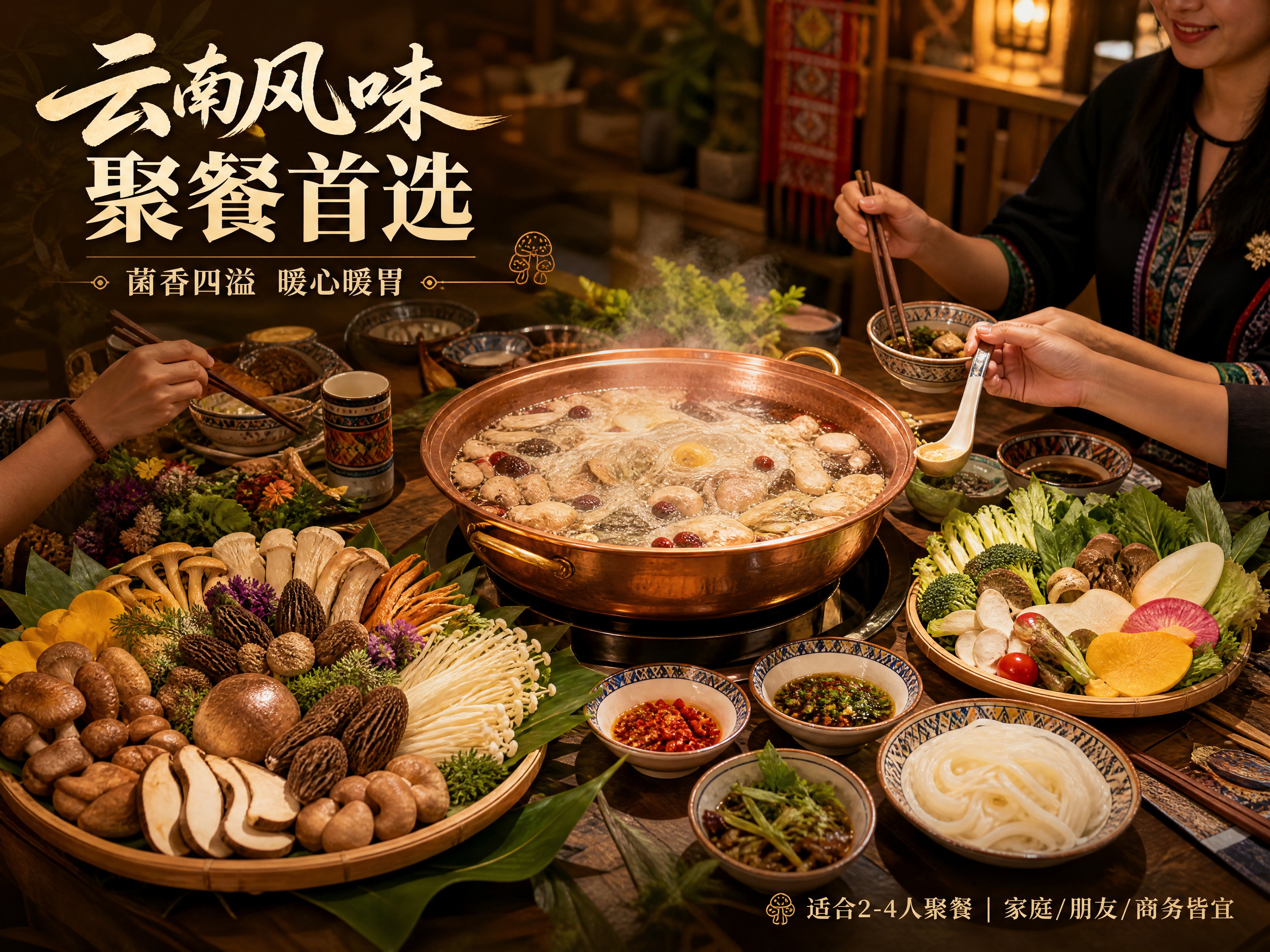 [商品] 季山菌云南火锅用餐场景，木质餐桌上摆放着铜制菌汤锅（… - 图片创意预览