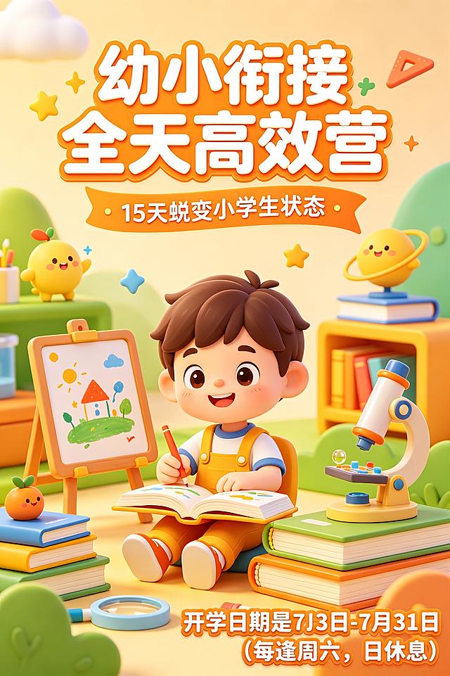 去掉图片右下角水印，添加文字内容：开学日期是7月13日-7月31日（每逢周六，日休息），保留原图其余内容和风格不变