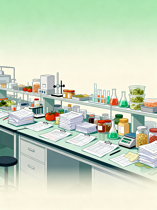 拥挤的食品工厂质检实验室全景插画，实验台上堆满待检样品和检测报告，浅绿色和米白色渐变背景，中景和上方有大片柔和留白适合加大字标题，画面底部有轻微渐变遮罩，扁平插画风格，色调柔和治愈，无文字无水印