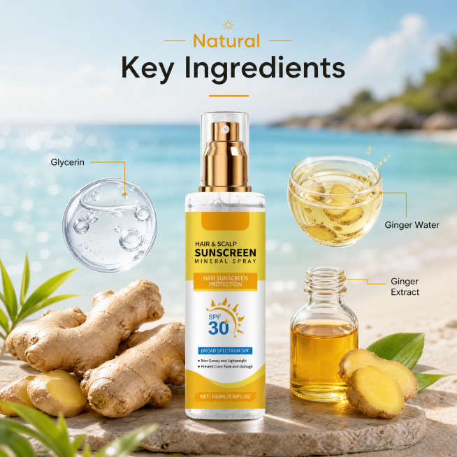[主图-2] Hair & Scalp Sunscreen Spray core ingredients display. Seaside beach background consistent wi预览效果